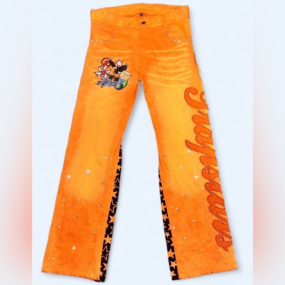 Y2K TRAPSTARS Low Rise Embellished Flare Jeans Tag 32 Star Graphic Rhinestone
